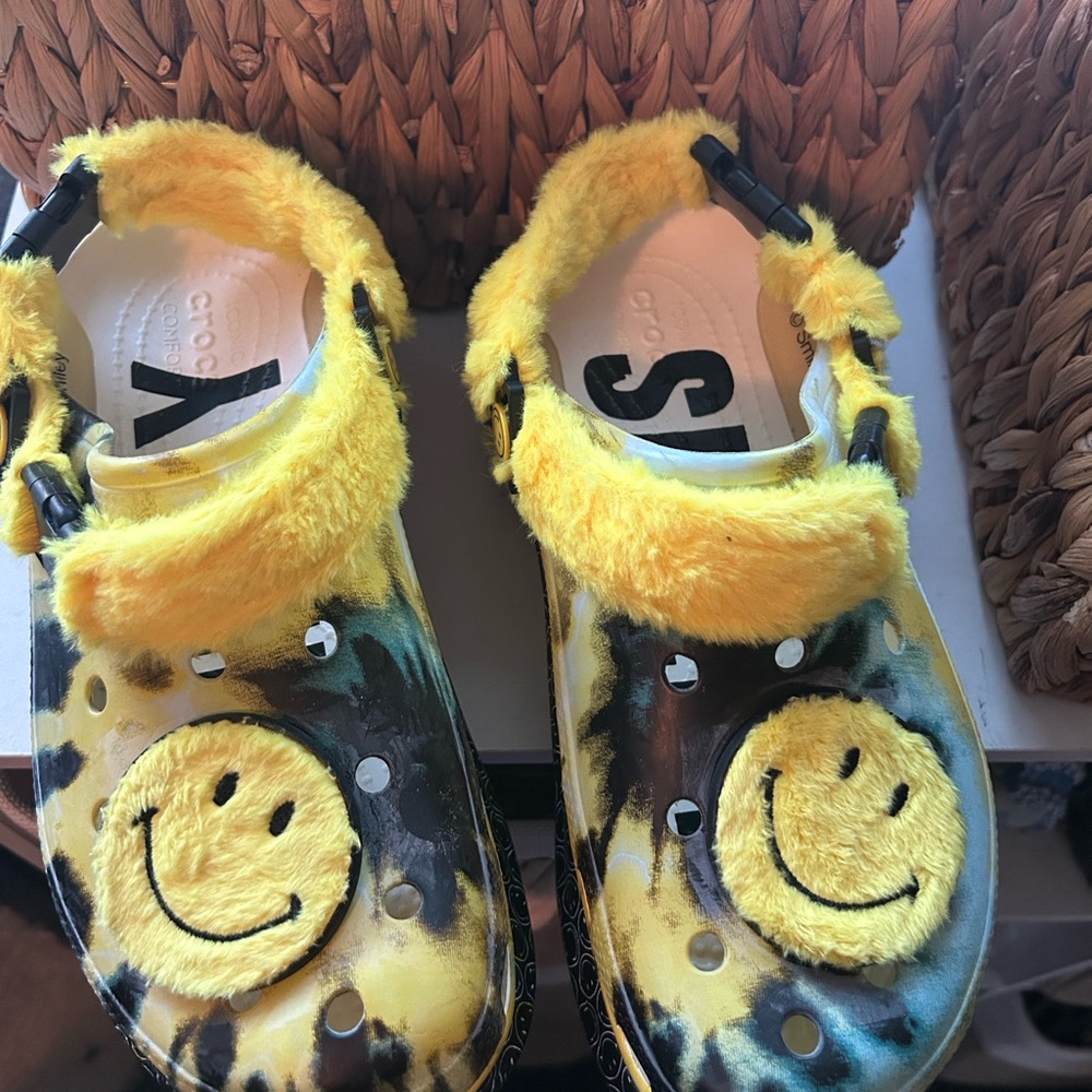 CROCS Yellow and Black Smiley Face PlatformClogs. Limited edition.